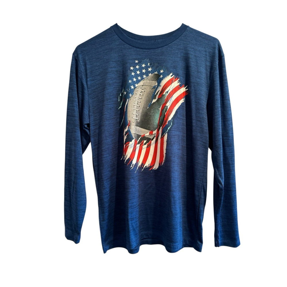 Tek Gear Boys XL Football Tee Shirt Blue Graphic Print USA Long Sleeve T-Shirt